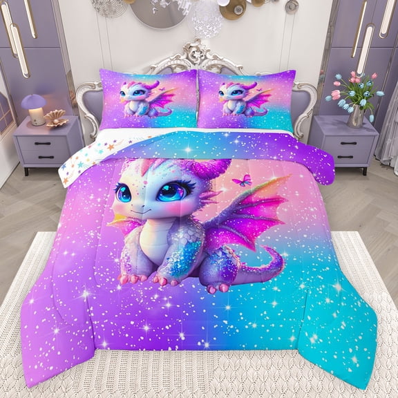 jejeloiu Cute Cartoon Dragon Bedding Comforter Set,Magic Animal Twin Comforter Sets,Colorful Glitter Print Bedding Set For Boys Girls,Ultra Soft Home Decor Reversible,2 Pieces