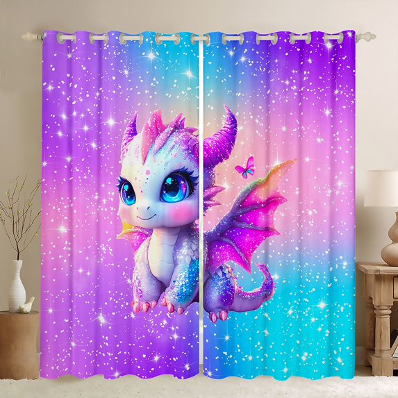 jejeloiu Cute Cartoon Dragon Black Out Curtains,Magic Animal Curtains Pack of 2 (42x63 Each),Colorful Glitter Print Bedroom Curtains For Boys Girls,Ultra Soft Home Decor