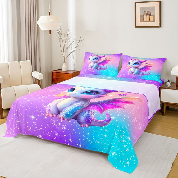 jejeloiu Cute Cartoon Dragon Full Size Sheets,Magic Animal Bed Sheets,Colorful Glitter Print Sheet Sets For Boys Girls,Ultra Soft Home Decor,4pcs