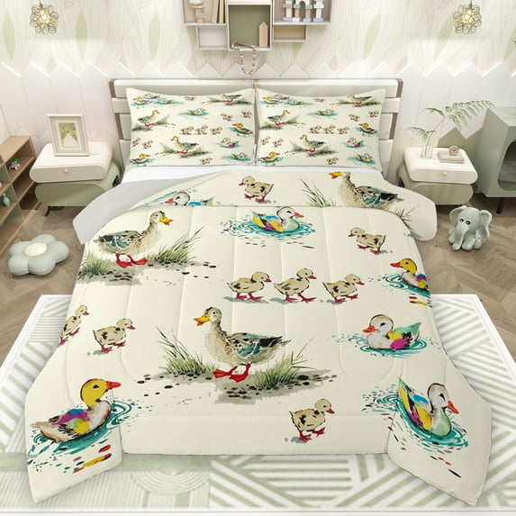 jejeloiu Cute Cartoon Duck Bedding Comforter Set,Watercolor Ink Painting Twin Comforter Sets,Rustic Farm Animal Bedding Set For Girls Teens,Super Cozy Room Decor Reversible,2pcs