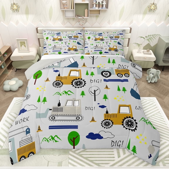 jejeloiu Cute Cartoon Excavator Queen Comforter Set,Construction Vehicles Bedding Sets,Orange Gray Green Bedding Comforter Set For Boys Kids,Breathable Home Decor Reversible,3-Piece