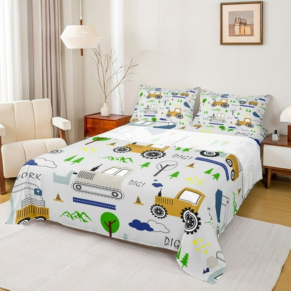 jejeloiu Cute Cartoon Excavator Twin Sheet Sets,Construction Vehicles Twin Fitted Sheet,Orange Gray Green Flat Sheet For Boys Kids,Breathable Home Decor,3 Pieces