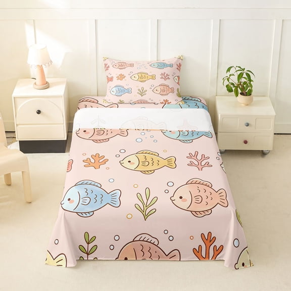 jejeloiu Cute Cartoon Fish Twin Sheets For Girls,Pastel Underwater Coral Bedding,Pink Blue Yellow,3 Pieces,1 Fitted Sheet and 1 Pillowcase
