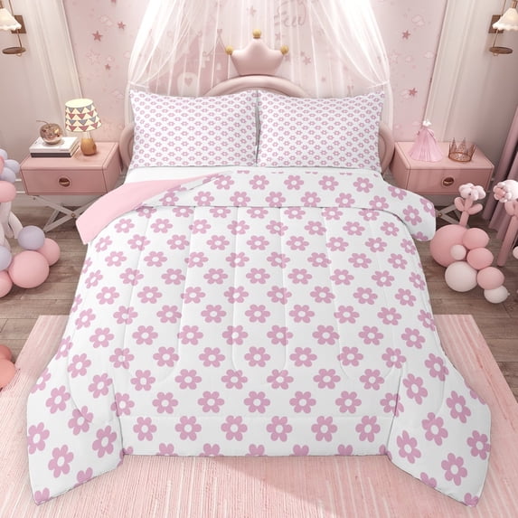 jejeloiu Cute Cartoon Floral Full Size Comforter Sets,Kawaii Flowers Blossom Bedding Comforter Set,White Pink Bedding Sets For Girls,Ultra Soft Home Decor Reversible,3-Piece