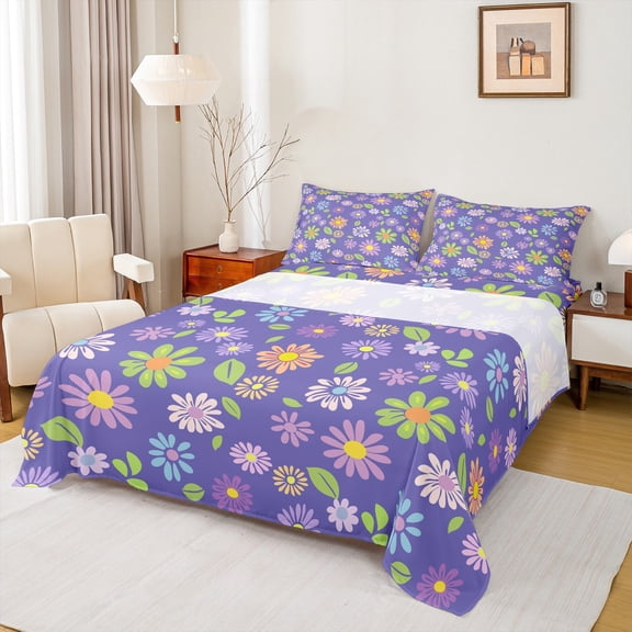 jejeloiu Cute Cartoon Floral Twin Sheet Sets,Kawaii Daisy Blossom Twin Fitted Sheet,Colorful Flower Flat Sheet For Girls,Ultra Soft Home Decor,3pcs
