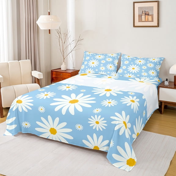 jejeloiu Daisy White Blue Twin 3-Piece Reversible Girls Ultra Soft Kawaii Cartoon Floral Blossom Sheet Set