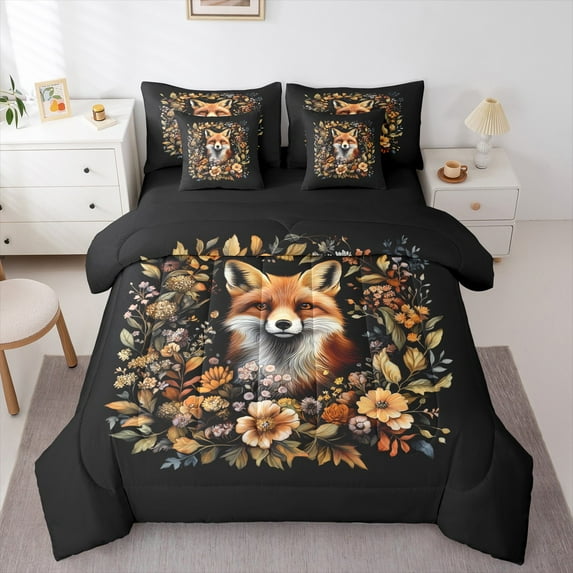 jejeloiu Cute Cartoon Fox 7pcs Bedding Comforter Set,Colorful Rustic Flower Queen Bedding Sets,Wild Animal Queen Sheet Sets For Boys Kids,Breathable Home Decor Reversible