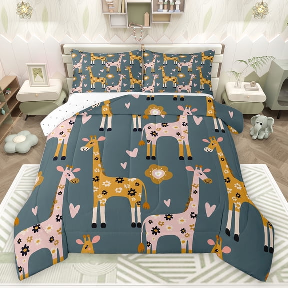 jejeloiu Cute Giraffe Twin Comforter Set (2-Piece) Floral Pink Heart Reversible Decor For Teens