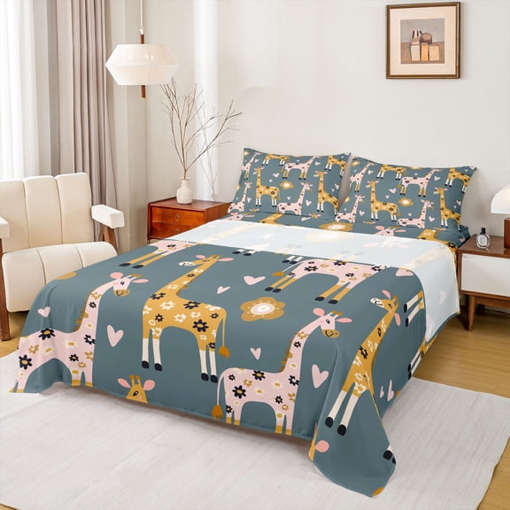 jejeloiu Cute Cartoon Giraffe Full Size Sheets,Cute Flowers Print Bed Sheets,Pink Loves Heart Sheet Sets For Teens,Luxury Bedroom Decor,4pcs