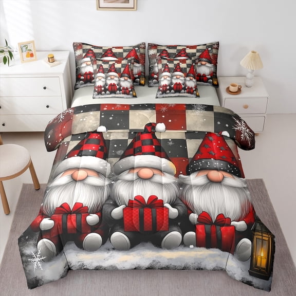 jejeloiu Cute Cartoon Gnome 7-Piece Twin Bedding Sets,Merry Xmas Bedding Comforter Set,Red Black Plaid Sheet Sets For Girl Boys,Microfiber Bedroom Decor Reversible