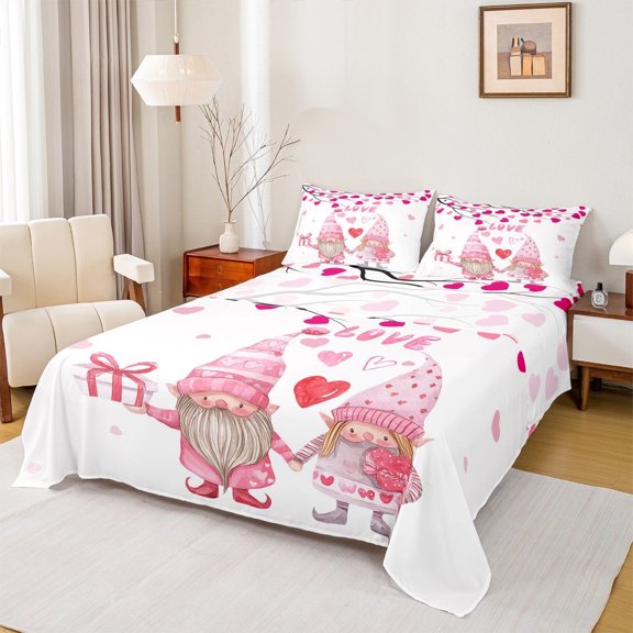 jejeloiu Cute Cartoon Gnome Bed Sheets,Romantic Gift King Sheets,Pink Heart Print Sheet Set For Girls,Luxury Bedroom Decor,4-Piece