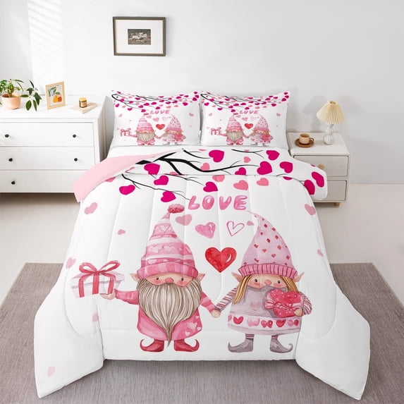 jejeloiu Cute Cartoon Gnome Full Size Comforter Sets,Romantic Gift Bedding Comforter Set,Pink Heart Print Bedding Sets For Girls,Luxury Bedroom Decor Reversible,3 Pieces