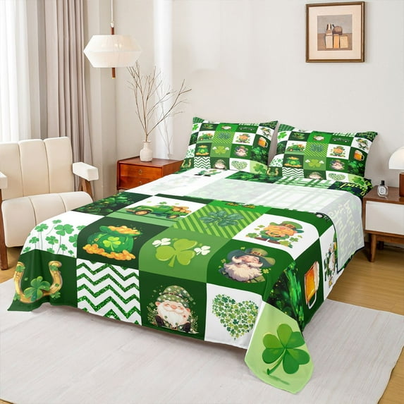 jejeloiu Cute Cartoon Gnome Queen Sheet Sets,Happy St.Patrick Day Bed Set For Girls Boys 4-Piece