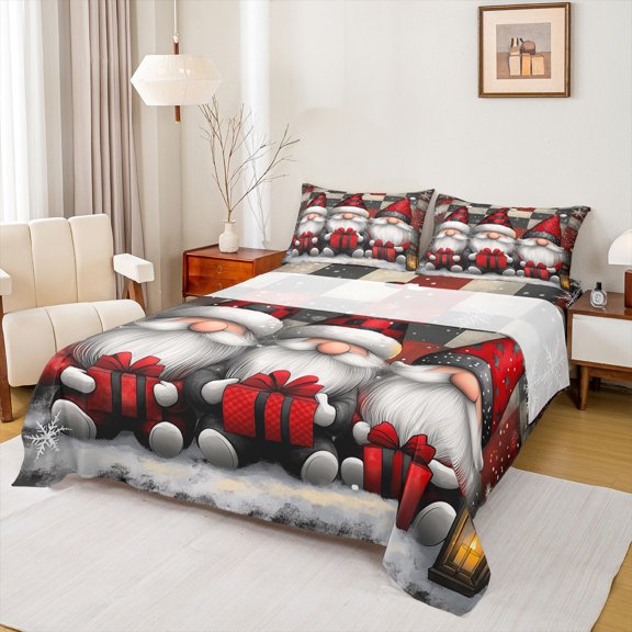 jejeloiu Cute Cartoon Gnome Queen Sheet Set (4pcs) Merry Xmas Red Black Plaid Microfiber Decor For Kids