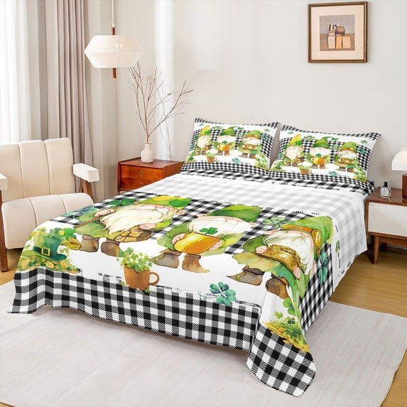 jejeloiu Cute Cartoon Gnome Queen Sheet Sets,St.Patrick Day Flat Sheet,White Black Checkered Queen Fitted Sheet For Boys Girls,Luxury Bedroom Decor,4pcs