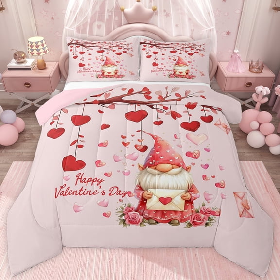 jejeloiu Cute Cartoon Gnome Twin Comforter Sets,Happy Valentine's Day Bedding Set For Girls Kids Reversible 2pcs