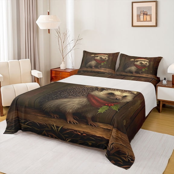 jejeloiu Cute Cartoon Hedgehog Twin Sheet Sets,Wild Animal Twin Fitted Sheet,Christmas Flowers Red Berry Flat Sheet For Men Women,Microfiber Bedroom Decor,3-Piece