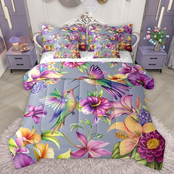 jejeloiu Cute Cartoon Hummingbird 7-Piece Twin Bedding Sets,Rustic Floral Bedding Comforter Set,Purple Botanical Flower Sheet Sets For Girls Kids,Luxury Bedroom Decor Reversible