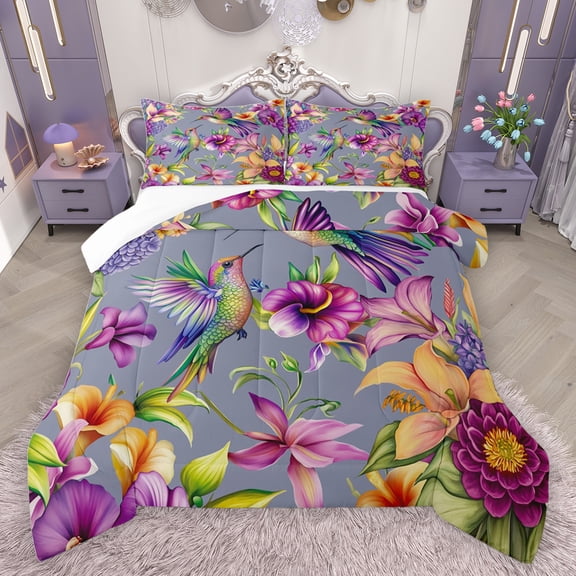 jejeloiu Cute Cartoon Hummingbird Bedding Comforter Set,Rustic Floral Twin Comforter Sets,Purple Botanical Flower Bedding Set For Girls Kids,Luxury Bedroom Decor,2pcs