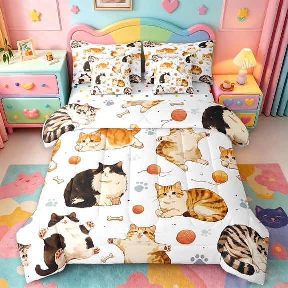 jejeloiu Cute Cartoon Kitten 7-Piece Twin Bedding Sets Kids,Cute Animal Cat Bedding Comforter Set,Reversible