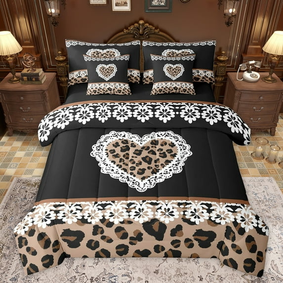 jejeloiu Cute Cartoon Loves 7-Piece Twin Bedding Sets,Kawaii Leopard Print Bedding Comforter Set,Black Brown Sheet Sets For Teens,Super Cozy Room Decor Reversible