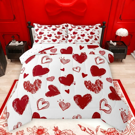 jejeloiu Cute Cartoon Loves Bedding Comforter Set,Graffirti Heart Print Twin Comforter Sets,Red White Bedding Set For Girls Teens,Breathable Home Decor Reversible,2-Piece
