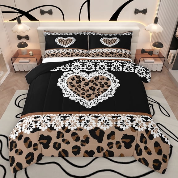 jejeloiu Cute Cartoon Loves Bedding Comforter Set,Kawaii Leopard Print Twin Comforter Sets,Black Brown Bedding Set For Teens,Super Cozy Room Decor Reversible,2-Piece