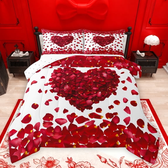 jejeloiu Cute Cartoon Loves Queen Comforter Set,Flower Heart Bedding Sets,Happy Valentine'S Day Bedding Comforter Set For Girls Teens,Breathable Home Decor Reversible,3 Pieces