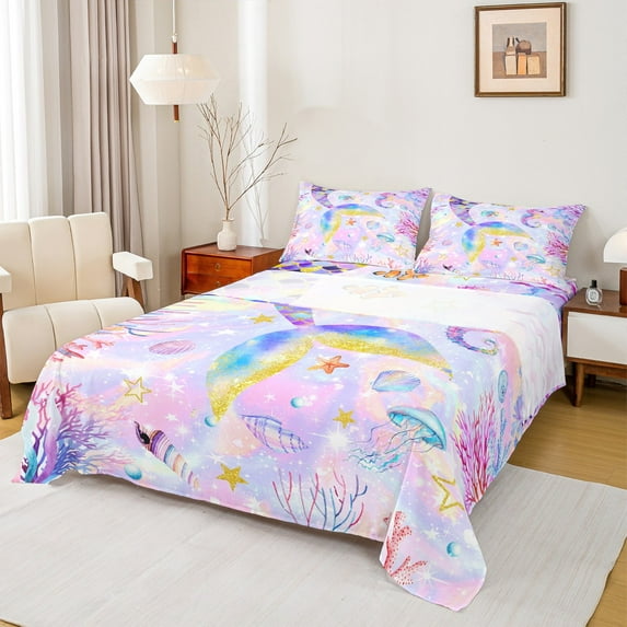 jejeloiu Cute Cartoon Meraid Bed Sheets,Ocean Sea Animal King Sheets,Watercolor Coral Shell Sheet Set For Girls,Luxury Bedroom Decor,4 Pieces