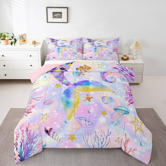 jejeloiu Cute Cartoon Meraid Bedding Comforter Set,Ocean Sea Animal Twin Comforter Sets,Watercolor Coral Shell Bedding Set For Girls,Luxury Bedroom Decor Reversible,2 Pieces