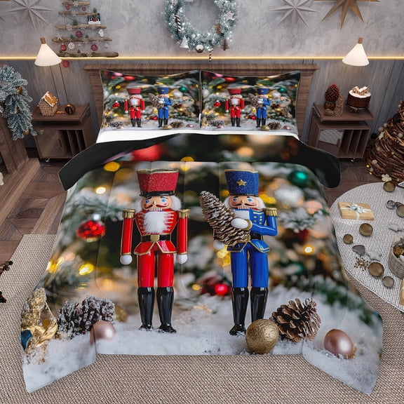 jejeloiu Cute Cartoon Nutcracker Bedding Comforter Set,Chic Christmas Tree Twin Comforter Sets,Gold Xmas Ball Bedding Set For Teens,Super Cozy Room Decor Reversible,2pcs