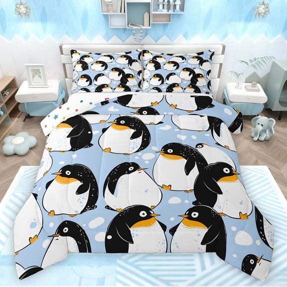jejeloiu Cute Cartoon Penguin Bedding Comforter Set,Ntarctic Wild Animal Twin Comforter Sets,White Blue Black Bedding Set For Girls Boys,Microfiber Bedroom Decor Reversible,2pcs