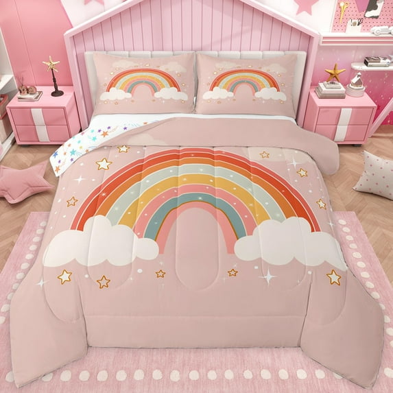 jejeloiu Cute Cartoon Rainbow Queen Comforter Set,Multicolor Geometric Stripe Bedding Comforter Set For Kids Reversible 3-Piece