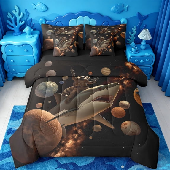 jejeloiu Cute Cartoon Shark 7-Piece Twin Bedding,Nebula Galaxy Backdrop Bedding Comforter Set For Boys,Brown Black,Black Reversible