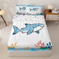 thumbnail image 1 of jejeloiu Cute Cartoon Shark Print Zipper Twin Comforter Sets with Fitted Sheet and 2 Pillowcases,Ocean Coral Pattern Zipper Bedding Set For Boys,White Blue,Polkadot Reversible,4 Pieces, 1 of 7