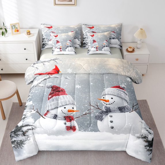 jejeloiu Cute Cartoon Snowman 7 Pieces Bedding Comforter Set,Happy New Year Full Bedding Set,Merry Xmas Fitted Sheet Flat Sheet For Kids,Microfiber Bedroom Decor Reversible