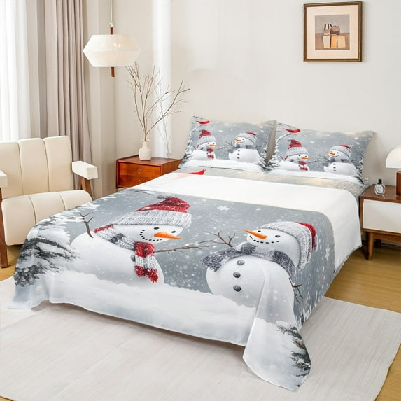 jejeloiu Cute Cartoon Snowman Twin Sheet Sets,Happy New Year Twin Fitted Sheet,Merry Xmas Flat Sheet For Kids,Microfiber Bedroom Decor,3pcs