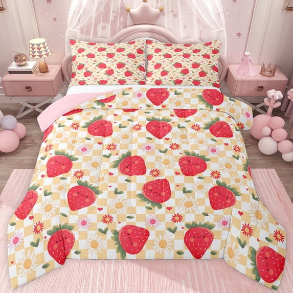 jejeloiu Cute Cartoon Strawberry Full Size Comforter Sets,Kawaii Daisy Blossom Flowers Bedding Sets For Girls Reversible 3pcs