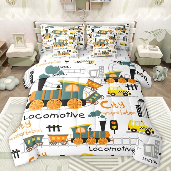jejeloiu Cute Cartoon Train 7-Piece Twin Bedding Sets,Transportation Vehicle Bedding Comforter Set,White Yellow Orange Sheet Sets For Kids,Uxury Bedroom Decor Reversible
