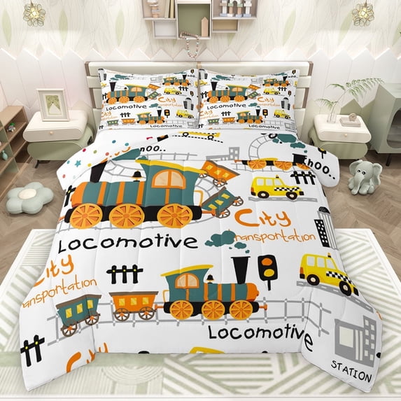 jejeloiu Cute Cartoon Train Bedding Comforter Set,Transportation Vehicle Twin Comforter Sets,White Yellow Orange Bedding Set For Kids,Uxury Bedroom Decor Reversible,2pcs