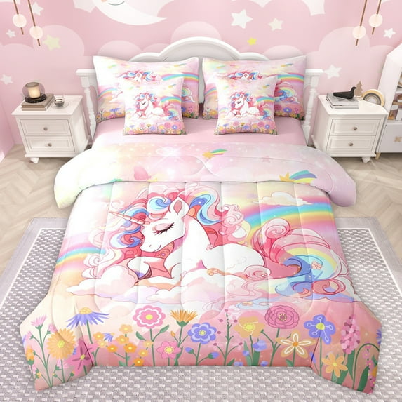 jejeloiu Cute Cartoon Unicorn 7-Piece Bedding Comforter Set,Colorful Kawaii Flowers King Bedding Sets,Watercolor Ink Painting Bed Sheets For Girls Teens,Super Cozy Room Decor Reversible