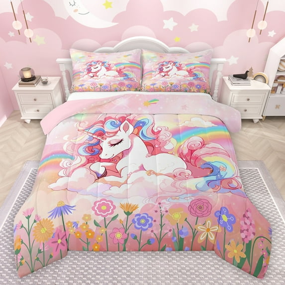 jejeloiu Cute Cartoon Unicorn Full Size Comforter Sets,Colorful Kawaii Flowers Bedding Comforter Set,Watercolor Ink Painting Bedding Sets For Girls Teens,Super Cozy Room Decor Reversible,3 Pieces
