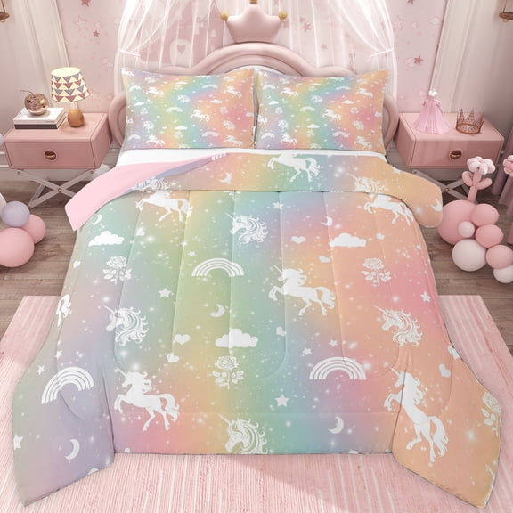 jejeloiu Cute Cartoon Unicorn Twin Comforter Sets,Kawaii Animal Bedding Set For Girls Reversible 2 Pieces