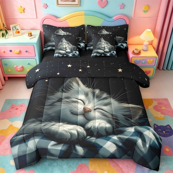 jejeloiu Cute Cat 7-Piece Bedding Comforter Set Kids,Galaxy Starry Sky Print King Bedding Sets,Reversible