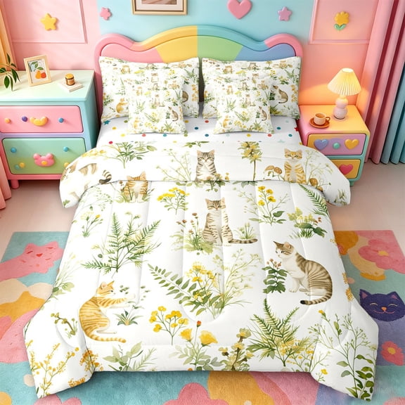 jejeloiu Cute Cat 7-Piece Twin Bedding Sets For Kids,Green Rustic Botanical Bedding Comforter Set For Kitten Lover,Reversible