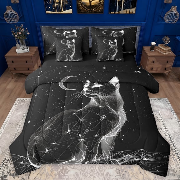 jejeloiu Cute Cat 7pcs Bedding Comforter Set,Pet Animal Queen Bedding Sets,Gray Black Queen Sheet Sets For Girls Boys,Luxury Bedroom Decor Reversible