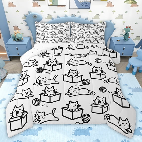 jejeloiu Cute Cat Animals Full Size Comforter Sets,Black Stripe Kitten Bedding Sets For Girls Teens Reversible 3pcs