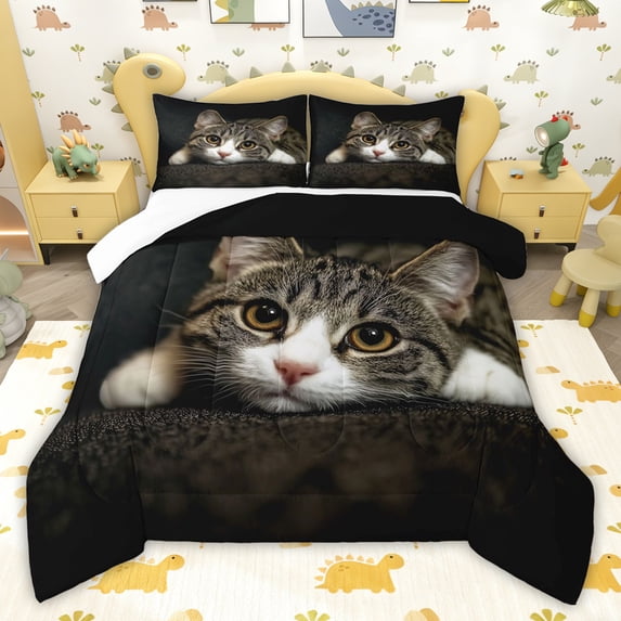 jejeloiu Cute Cat Animals Full Size Comforter Sets,Gray White Kitten Bedding Sets For Girls Teens 3 Pieces