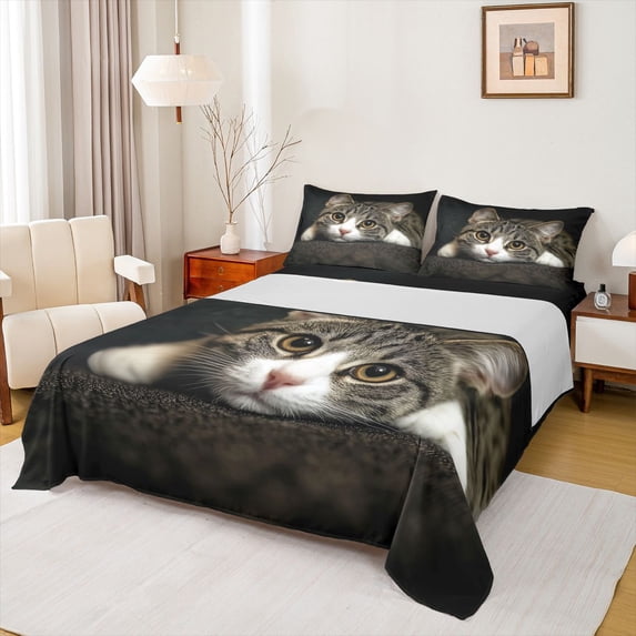 jejeloiu Cute Cat Animals Full Size Sheets,Gray White Kitten Bed Sheets For Girls Teens 4 Pieces