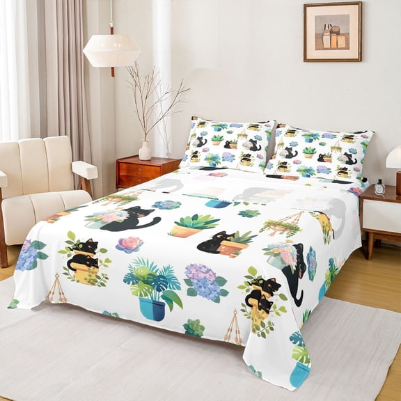 jejeloiu Cute Cat Animals Twin Sheet Sets,Colorful Botanical Flowers Bedding For Girls Teens 3-Piece